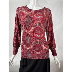 Talbots Womens L Red Multicolor Paisley Print Merino Wool Sweater Made In China